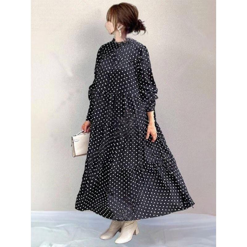 

New Spring and Autumn Women s Clothing Polka Dot round-Neck Long-Sleeved Dress Loose Slim Looking Plus Size High Waist Lantern Sleeve Long Skirt Black L