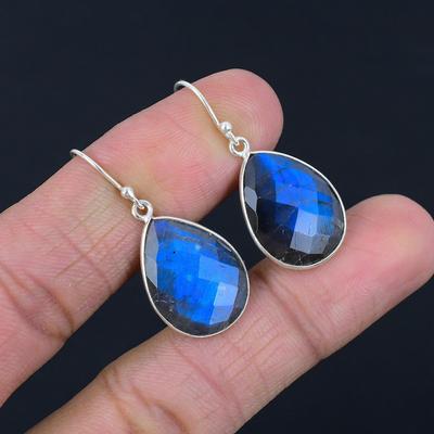Blaue feurige Labradorit-Edelstein-Ohrringe, 925er Sterlingsilber, Tropfenform, handgefertigter Tropfen-Ohrhänger, Schmuck, Valentinstagsgeschenk für Ihre Lieben