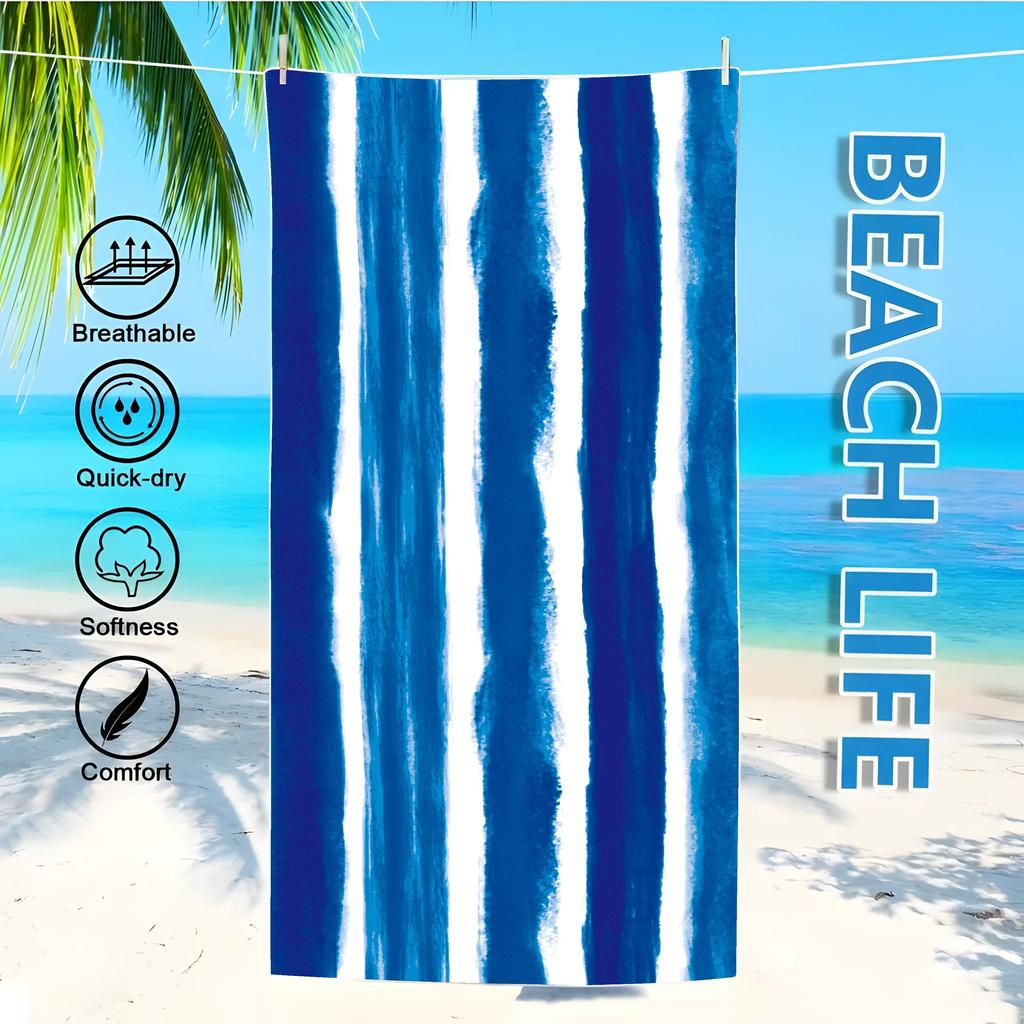 Blue Striped Beach Towel Watercolor Navy White Microfiber Bath Towel Flat Print Modern Nautical Pool Towel for Summer Travel