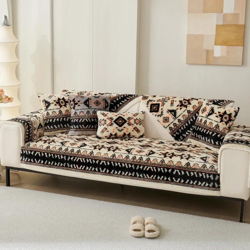 Plush Printed Sofa Cushion Autumn and Winter Thickened Warm Sofa Cover Blanket Towel Modern Simple Sofa Cover Cushion