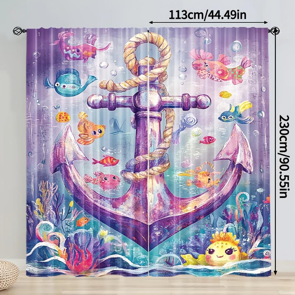 2pcs Vibrant Marine Life Curtains - Colorful Underwater Scene with Anchors   Fish & Coral Reefs   100% Polyester   Minimalist Desig