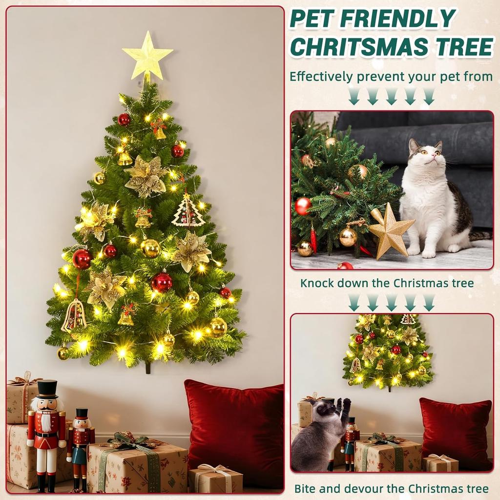 3 FT Dark Green Wall Christmas Tree with Lights & Ornaments, DIY Half Tree for Window/Door, Pet-Friendly Holiday Decor
