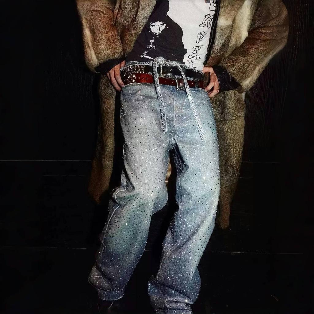 RogueWave Celoplošný potisk kamínky Modré volné džíny Pánské a dámské Ropa Hombre Streetwear Jednobarevné ležérní džínové kalhoty Volné cargo