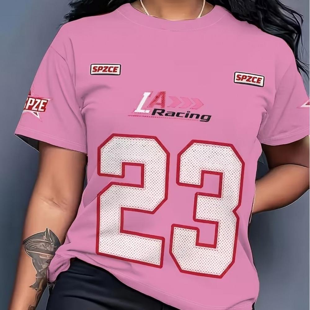 Pink racing trend, cool and sporty, perfect for summer women's casual round neck short-sleeved tops