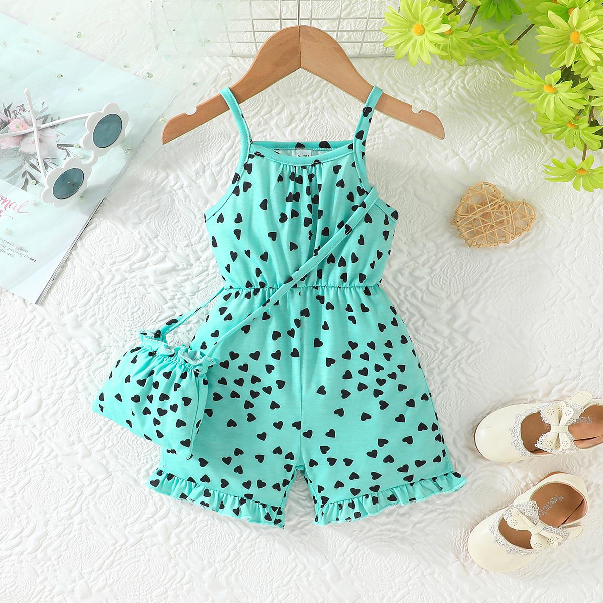 

Girls Heart Print Cami Romper with Matching Bag 6-9M море салатовый