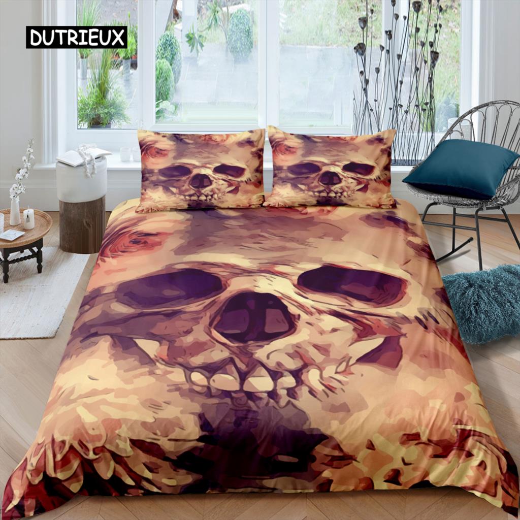 Ložní soupravy Sugar Skull King Krása Polibek Lebka Povlak na přikrývku Ložní souprava Bohémský potisk Černé ložní prádlo Velikost Queen Bedline