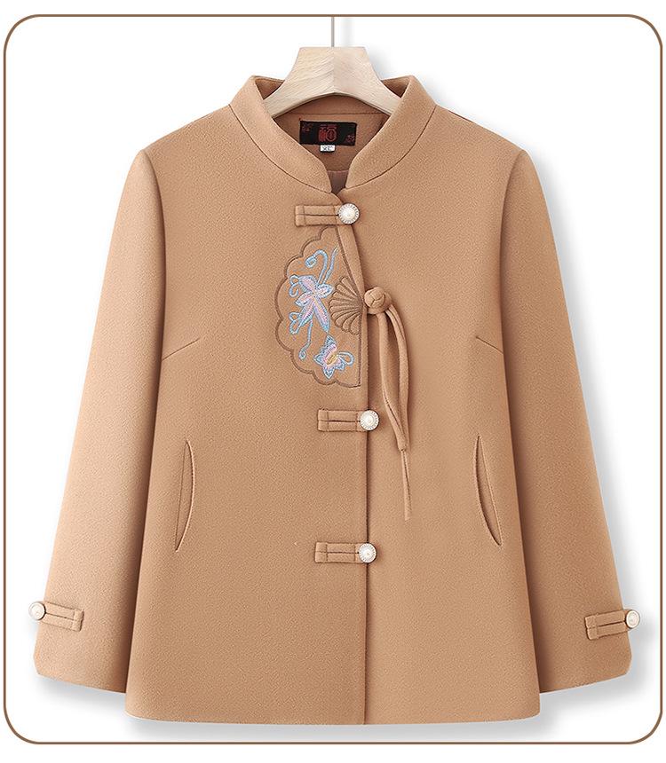 Elegant Embroidered Woolen Coat for Middle-Aged & Elderly Women – Spring & Autumn Fashion