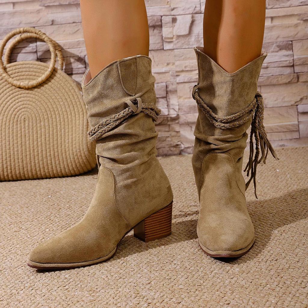 Damen Wildleder Cowboy-Stiefel, Vintage Fransen Langstiefel, Retro Lässige Kniehohe Stiefel mit Geflochtenem Seil für den Winter