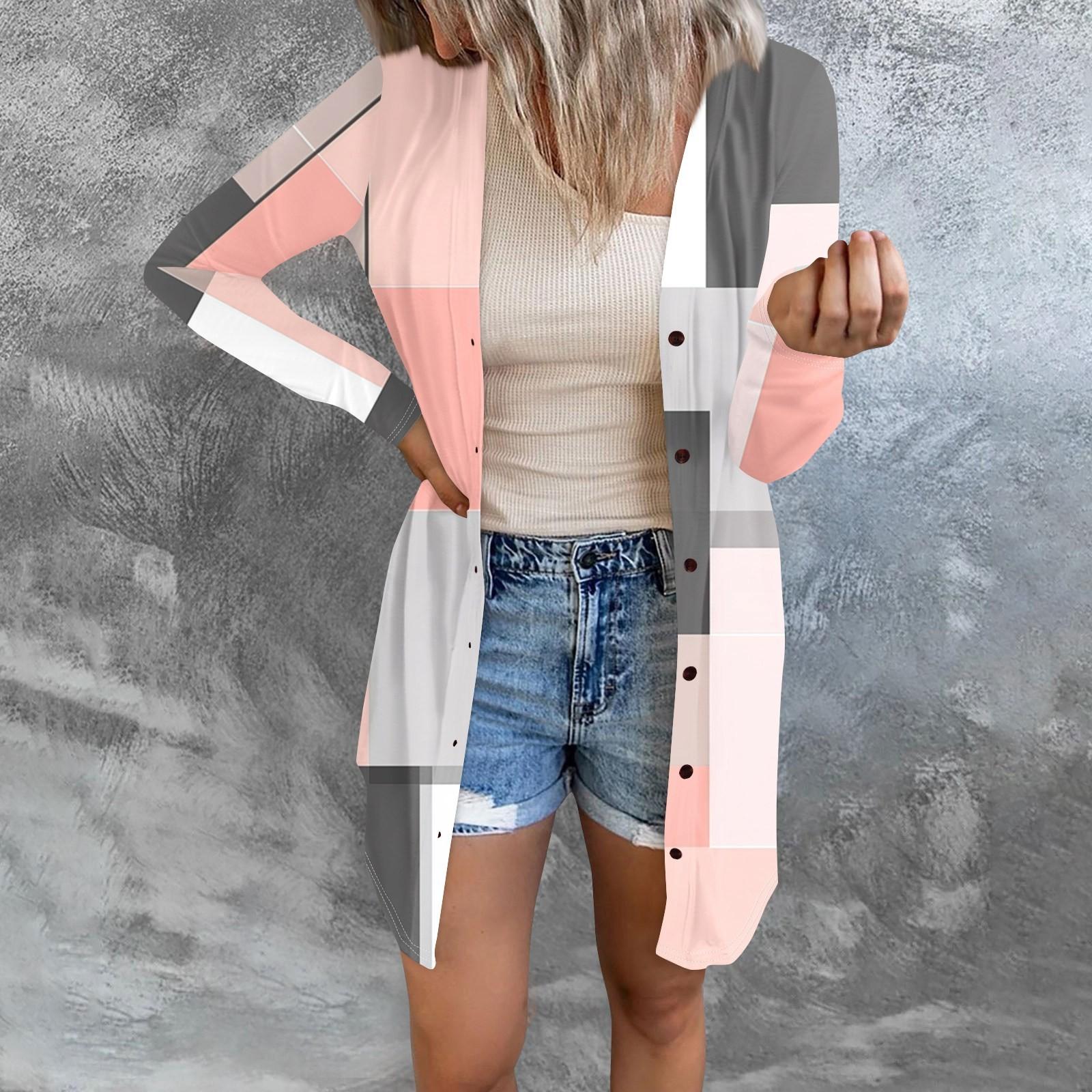 

Women s Fashion Casual Long-sleeved Print Medium Length Cardigan Button Jacket Coat M светло-розовый