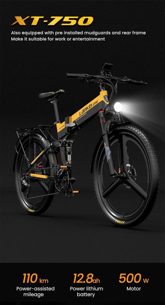 Foldable electric bicycle LANKELEISI XT750 Sport ,500W motor, a 48V 12.8Ah battery, a top speed of 35 km/h, a range of 110km, and 26*2.35 inch tires.