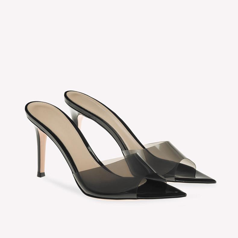 Transparent high-heeled cool slippers for women in the summer of 2025, new fashion, thin heels, pointed heads, sexy open toes, and one-word drag for o