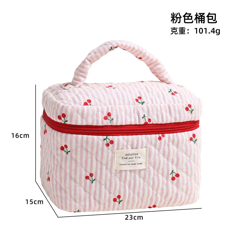 Korean version red cherry print quilted cosmetic bag striped three- versatile simple storage bag going out travel porta