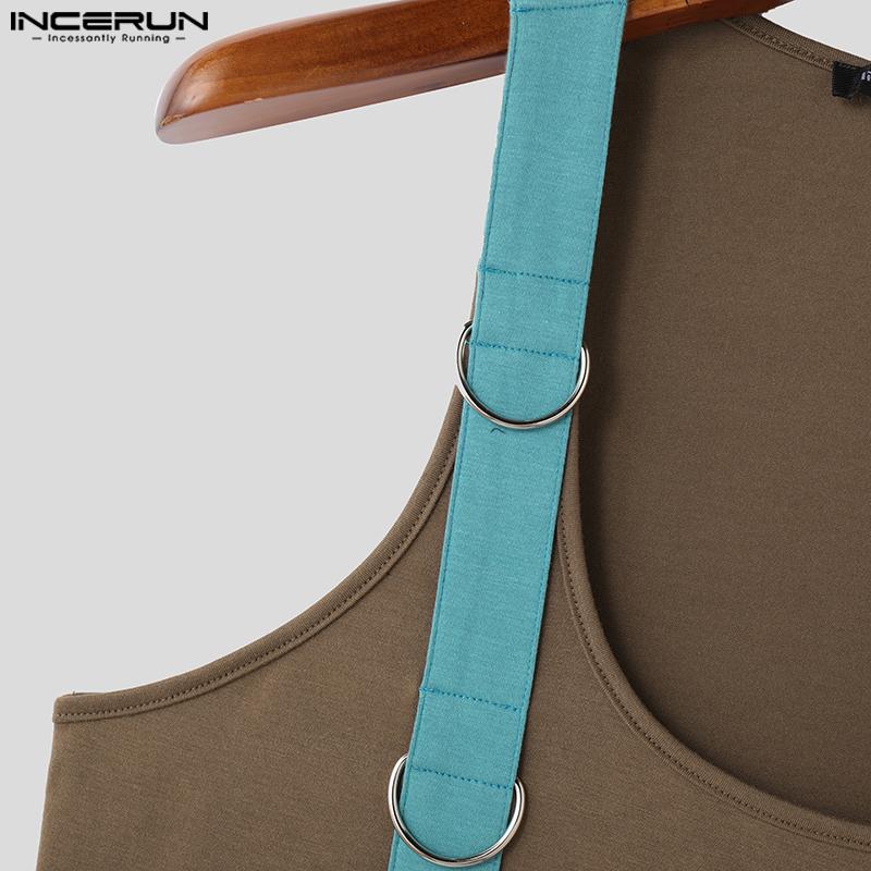 INCERUN Mens Summer Sleeveless Patchwork Strap Solid Color Casual Tank Tops