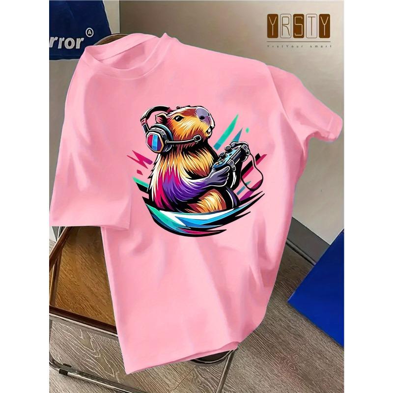 European sizes Round Neck Cartoon Beaver with Headphones Holding Game Controller Funny Print Short Sleeve T-Shirt, Fashion Casual Summer New Arrival