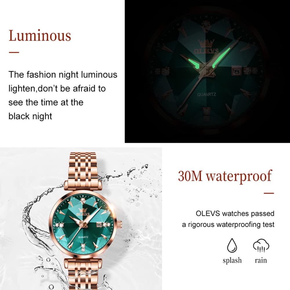 OLEVS Women's Quartz Watch with a Cute, Simple Dial, Easy-to-Read Date Display, Luminous, Waterproof, and a Perfect Valentine's Day Gift. Green.