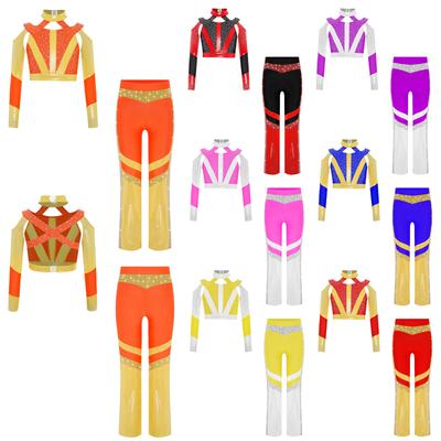 Girls Gymnastics Acrobatics Dance Set: Long Sleeve Shiny Rhinestone Color Block Crop Top with Cross Back Cutout & Flared Pants