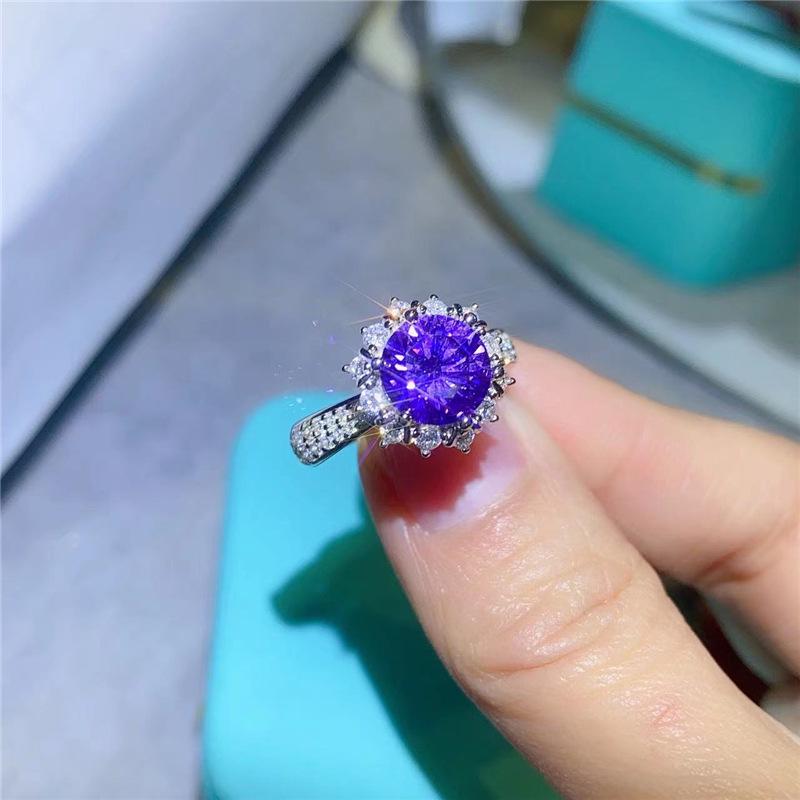 2 Carat Purple Ice Moissanite Ring, D Color with Diamond Test Certification Size 18
