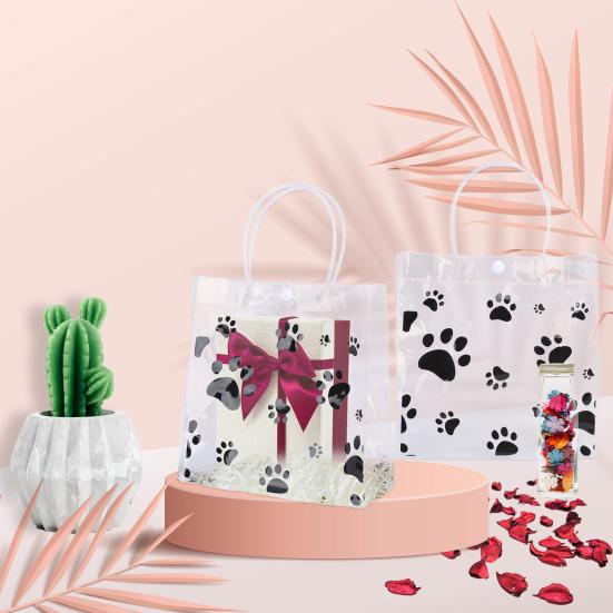 50 Packs Dog Paw Print Clear PVC Gift Bags with Handle Reusable Plastic