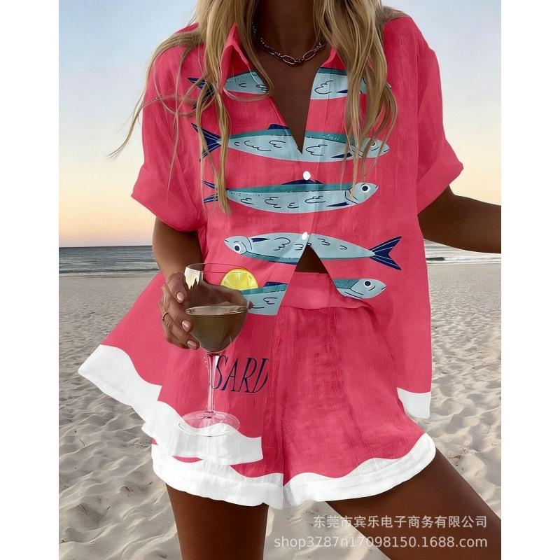 Conjunto de pantalones cortos de playa y camisa de manga corta para mujer, multicolor, vida marina, ocio, vacaciones, conjunto de dos piezas
