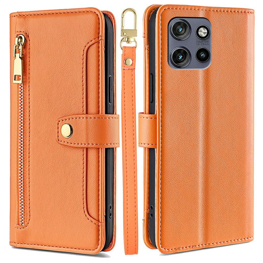 For Motorola Edge 50 Neo 5G Leather Case Zipper Pocket Wallet Phone Cover with 2 Straps