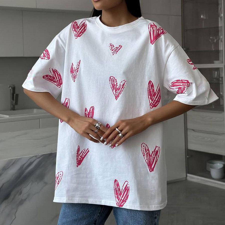 GMXIA Love Heart Print T-shirt Summer New Street Trend Hand-painted Love Heart Print Short-sleeved T-shirt