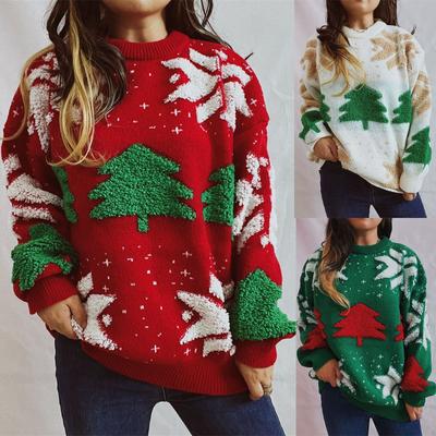 Damen-Herbst-/Wintermode-Weihnachtspullover mit Rundhalsausschnitt und langem Seeve-Pullover