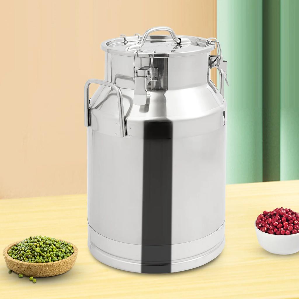 28L 304 Stainless Steel Sealed Storage Container, Milk Jug Brewing Can W/ Locking Lid & Handles, Airtight Dry Food Grain Bin