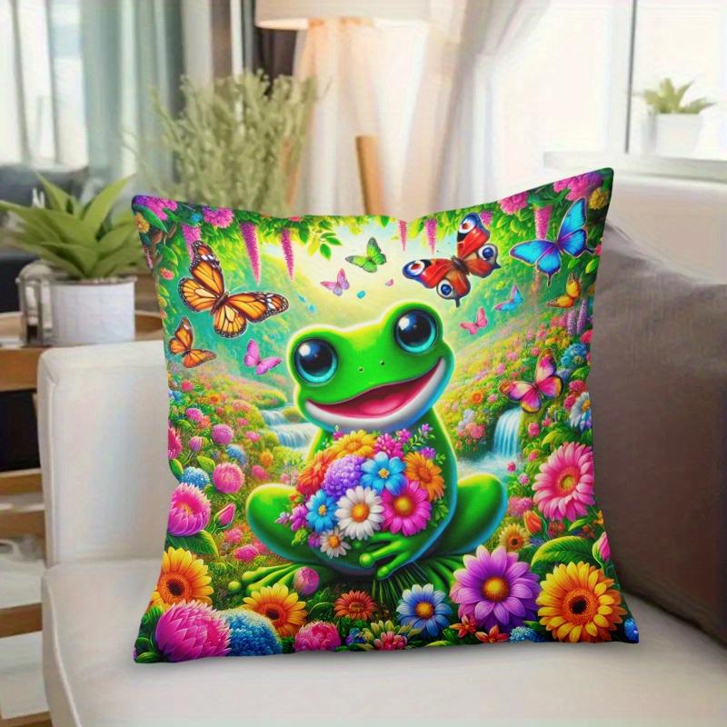 1Pc Cartoon Frog Holding Flowers Butterfly Throw Pillow Cover,Suitable For Bedroom,Living Room,A Healing Gift For Nature Lovers