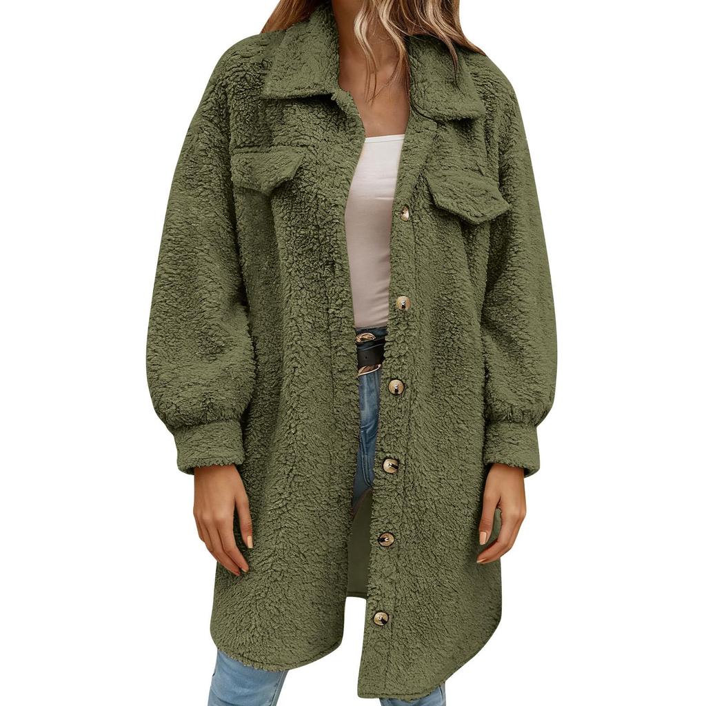 Women's Fashionable Solid Color Long Sleeved Lapel Button Plush Warm Loose Jacket
