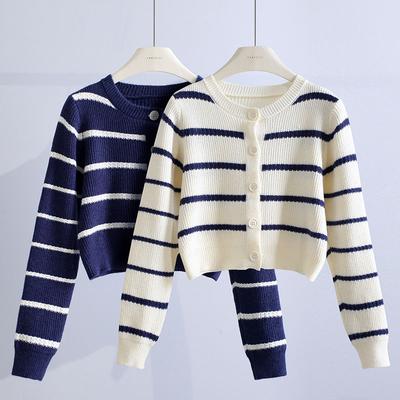 Retro Short Striped Sweater Coat Women 2023 Autumn Long Sleeve Japanese Loose Outerwear Small Knitted Cardigan Sweater Female