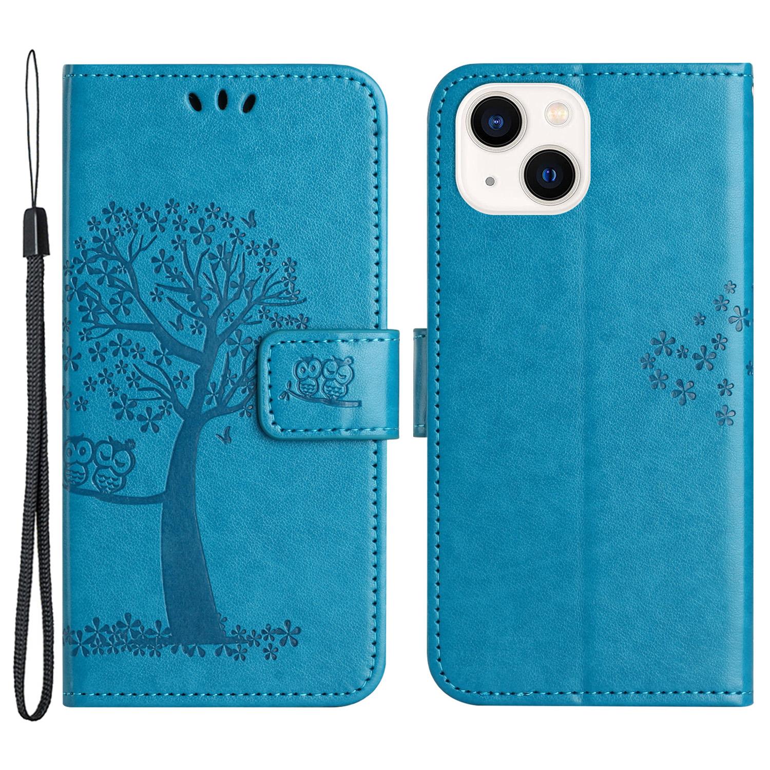 

Phone Leather Case for iPhone 15,Stand Wallet Owl Tree Imprinted Full Protection Phone Cover Blue