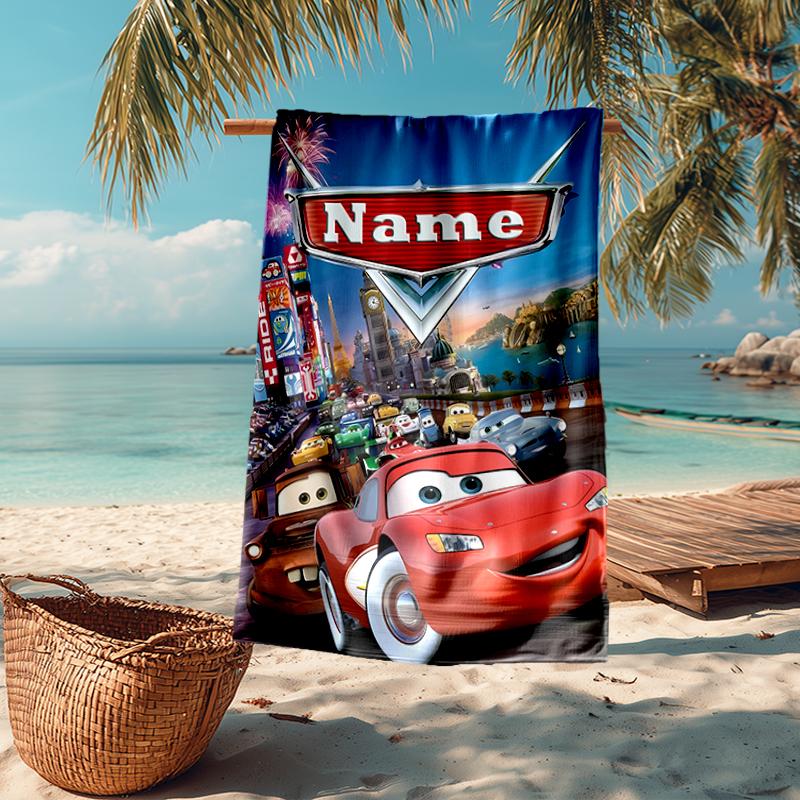 Custom Name Ultra-Soft Beach Towel with Cars Theme,Ideal for Pool - Camping, Diving - Perfect Travel Essential, Vibrant Beach Towel.