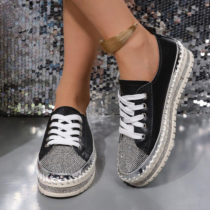 Women's Casual Shoes, Sizes 35-43 Flat-Soled, Diamond-Studded Lace-Up Sneakers Thick-Soled White Sneakers Women's Athletic Slip-Ons