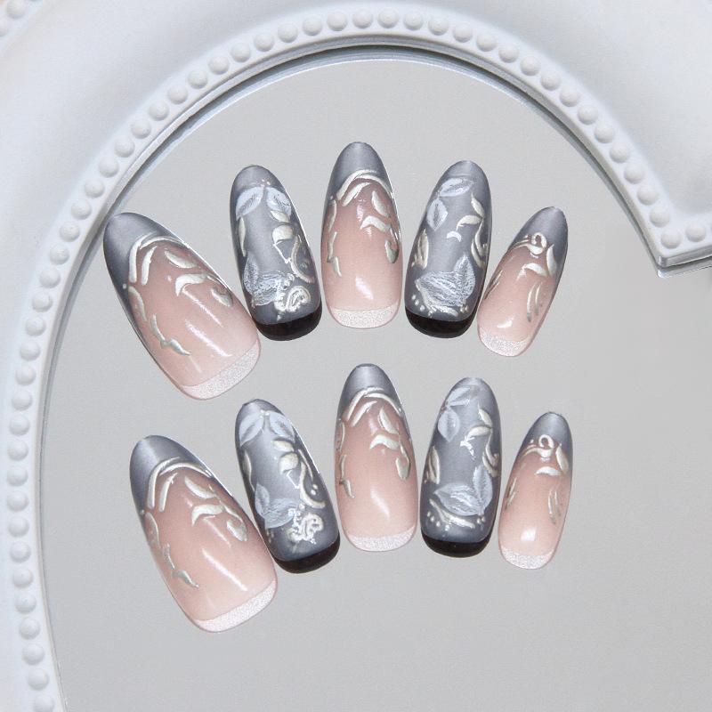 Three-dimensional fog blue cat's eye silver leaves flower ins wind removable manicure 30 pieces press on nails