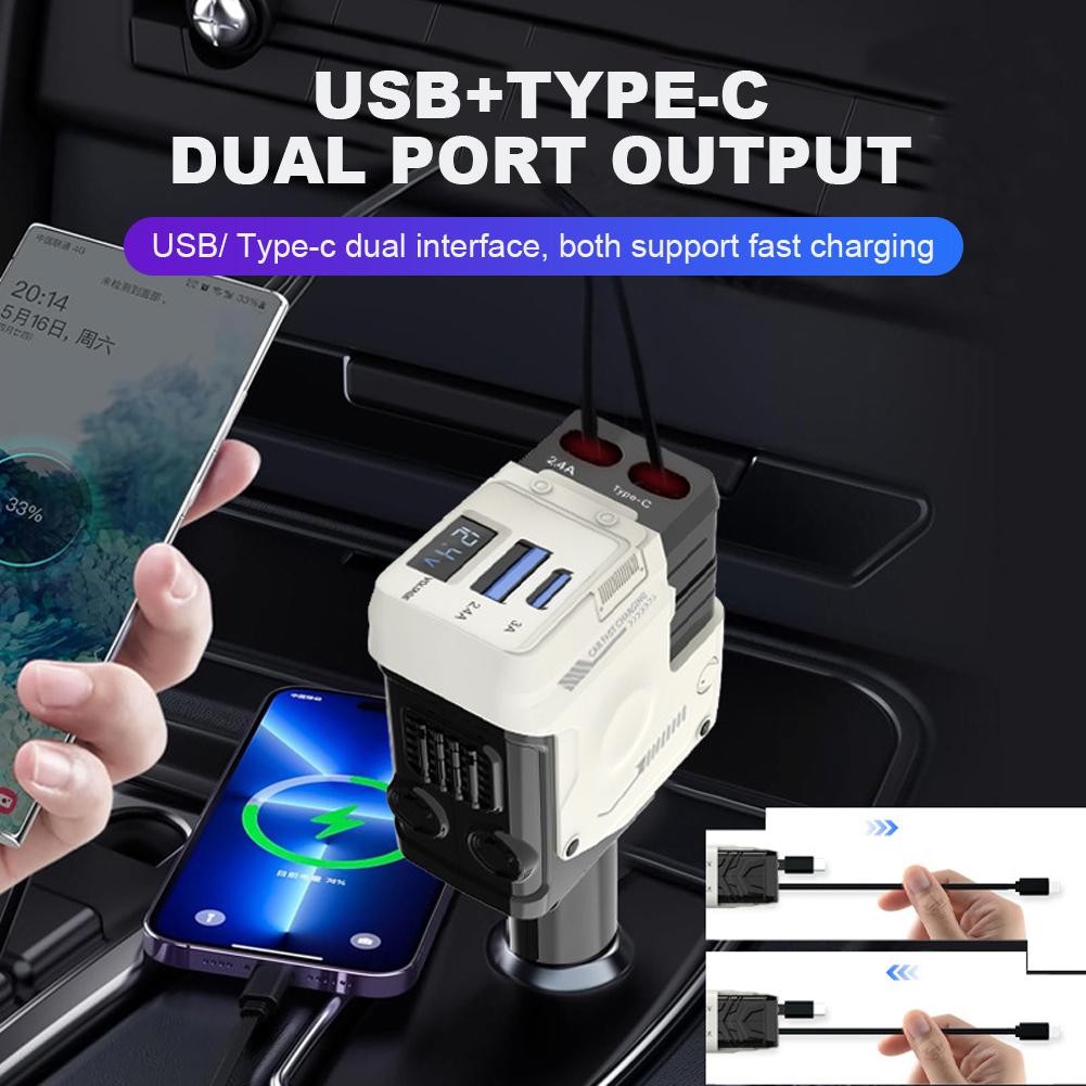 120W Car Cigarette Lighter Adapter USB Type C 4 In 1 Retractable Fast Charging Cable Digital Voltmeter for iPhone Xiaomi Huawei