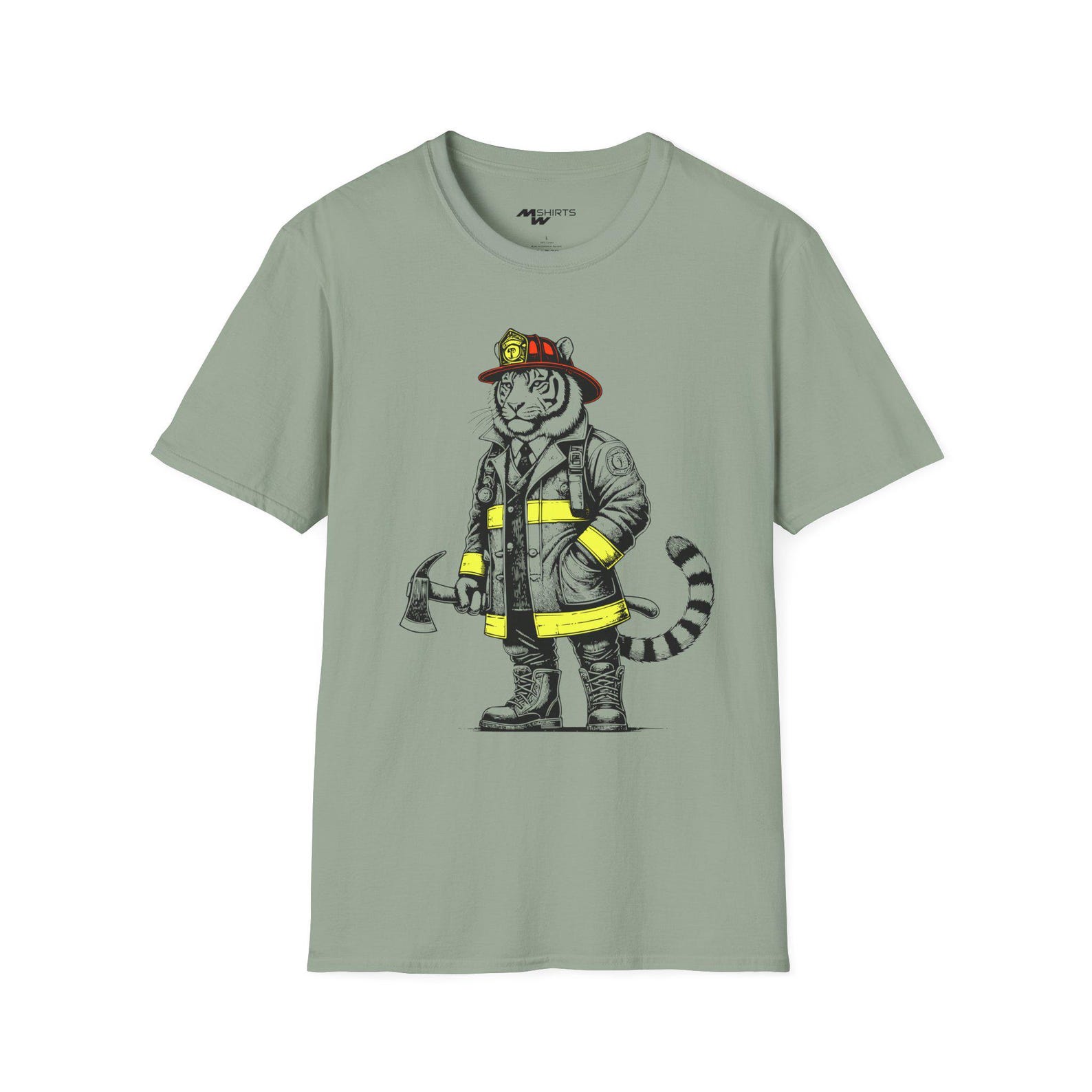 Firefighter Tiger T-Shirt: Vintage Engraving Graphic Print XL