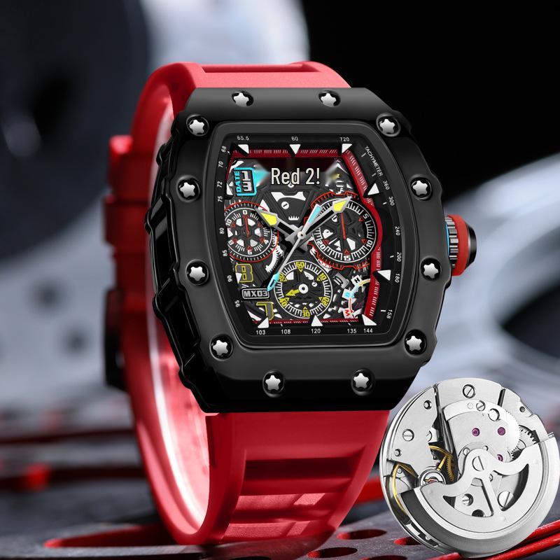 Men's Richard Luminous Calendar Wine Barrel Watch, Hollowed-Out Design, Trendy Mechanical Look