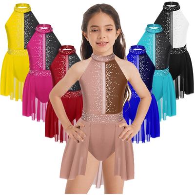 Girls Ballet Leotard Tutu Sleeveless Shiny Rhinestone Lyrical Dance Dress Figure Skating Gymnastics Stage Performance Costume