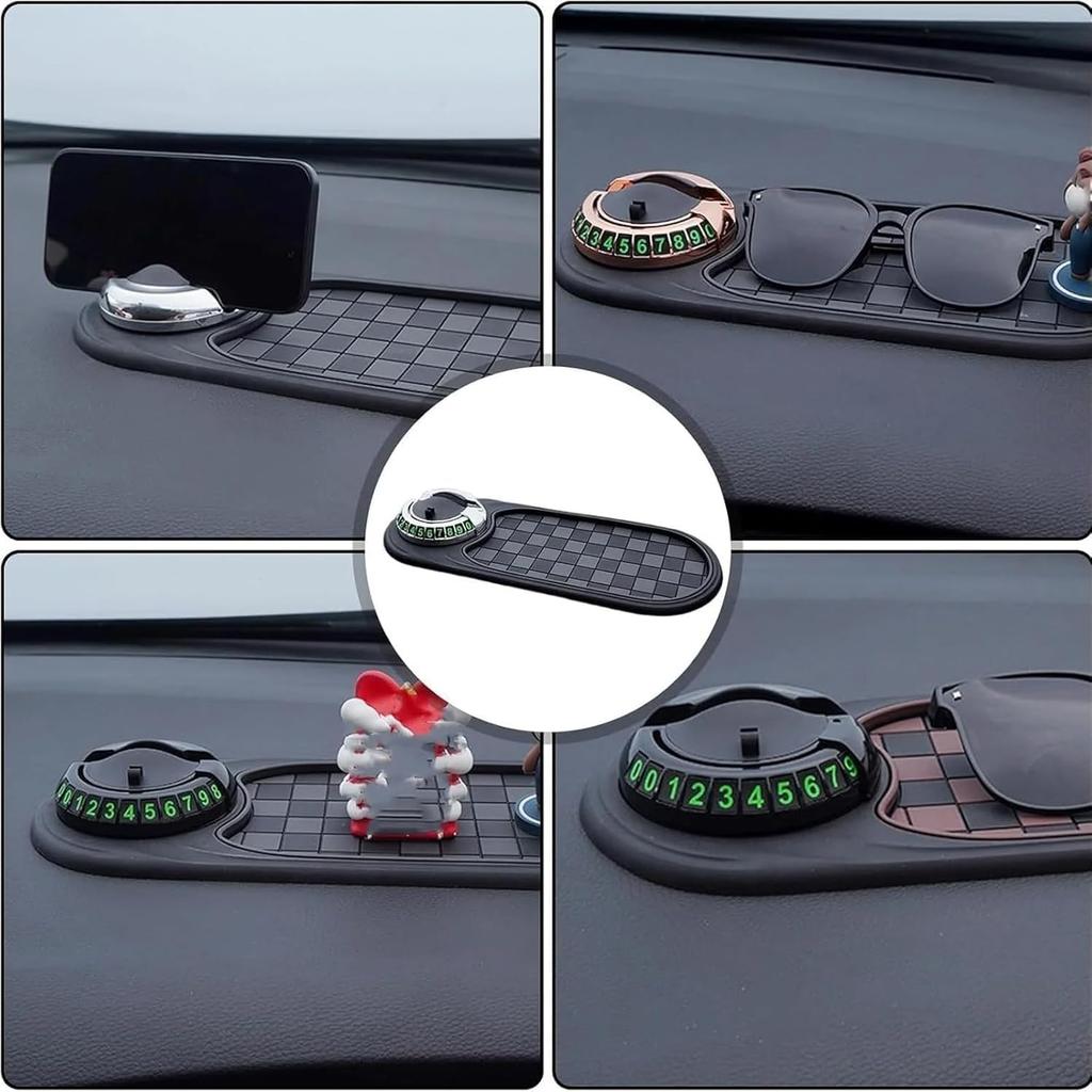 Car Dashboard Anti-Slip Mat with Temporary Parking Number Multifunction with Phone Mount 360-Degree Rotation Car Phone Holder