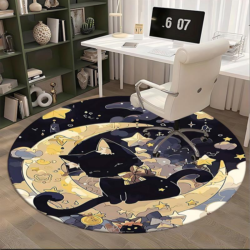 1pc Anime Design Black Cat Moon Starry Sky Round Carpet Office Chair Mat, Non Slip Rug for Home Decor, Living Room, Bedroom, Game Room, Festival Gift
