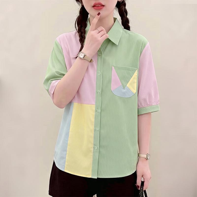 ZANZEA Womens Turn Down Collar Short Sleeve Patchwork Stripe Blouse