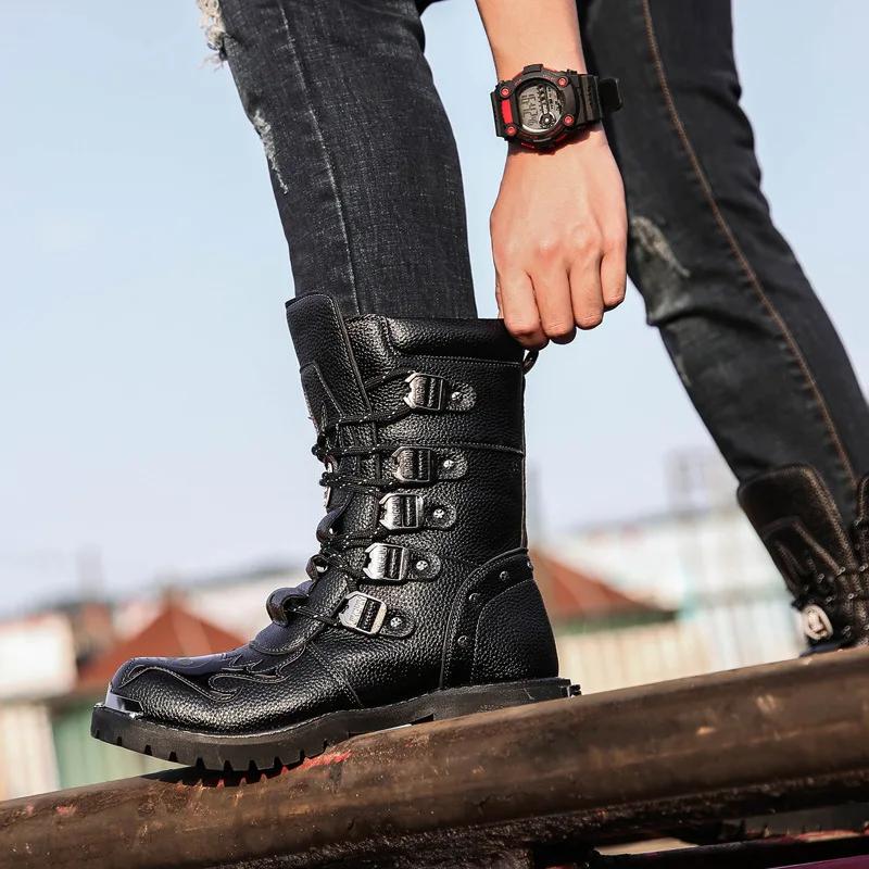 Fashion Army Boots Men Military Boots 2024 Leather Winter Black Cowboy Snow Metal Gothic Punk Boots Male Shoes Motorcycle Desert Boot