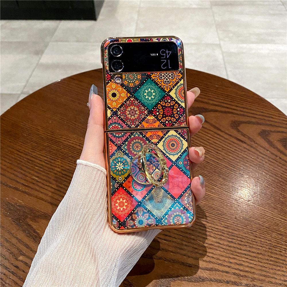 

Blue-Ray Retro Palace Electroplating Ring Stand Case For Samsung Galaxy Z Flip 6 Flip 5 Flip 4 3 Shockproof Cover Coque For Galaxy Z Flip 6