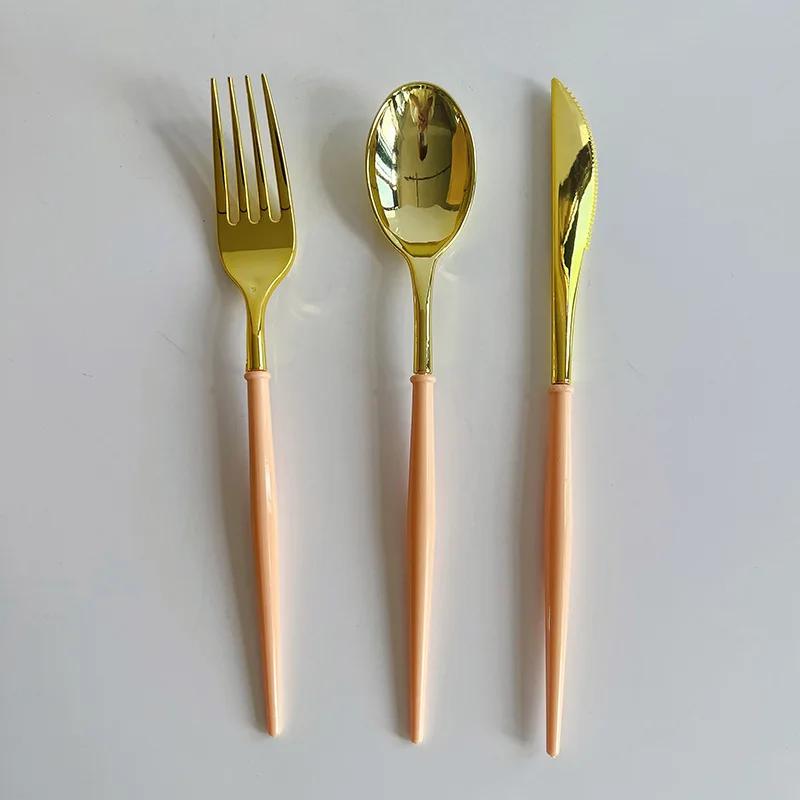 

Colored Plastic Goldplated Knife Fork Spoon Set with Handle Baby Baptism Birthday Party Decoration Tableware Party Tableware Set 6pcs