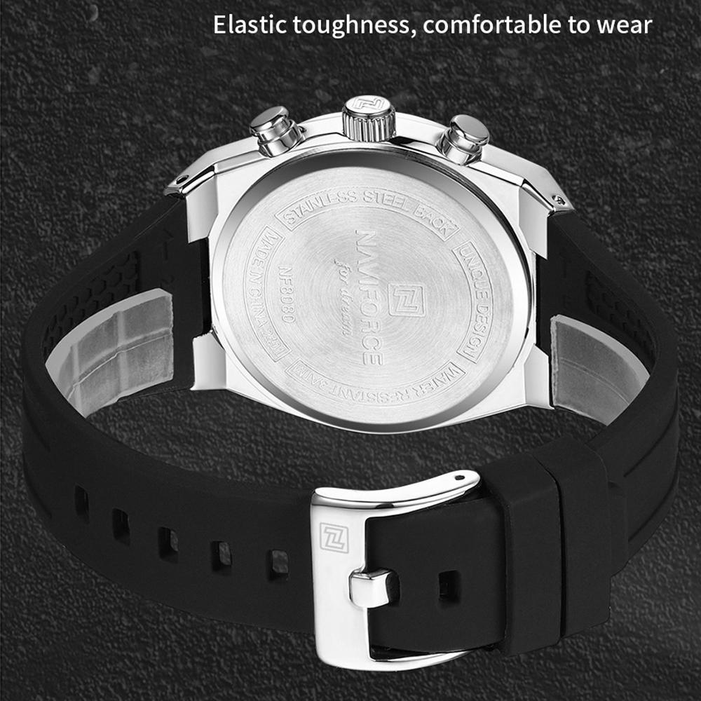 Naviforce Men Watch Calendar Quartz Movement Silicone Strap Stopwatch Chronograph Luminous Hands Waterproof Men Casual Multifunctional Watch NF8080