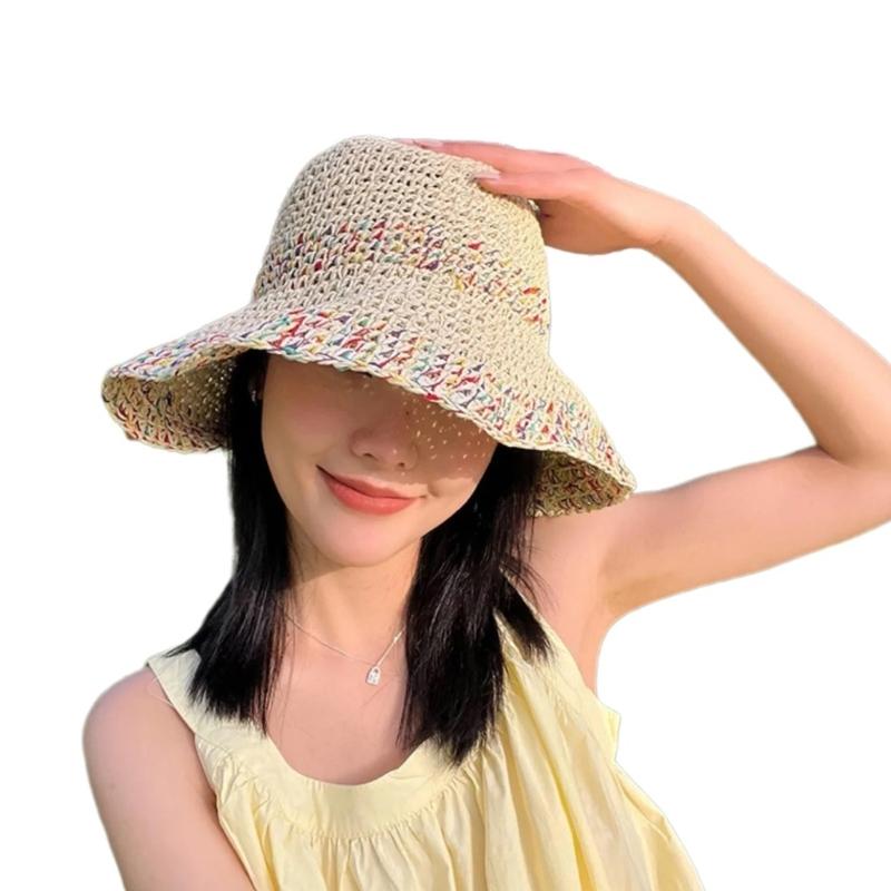 Elegant Straw Hat Bucket Hat Handwoven Breathable Crocheted Hat Holiday Vacation Hat Western Wide Brimmed