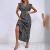 Women's Spring and Summer New V-neck Waist Long Skirt Ruffled Elegant Dress for Women