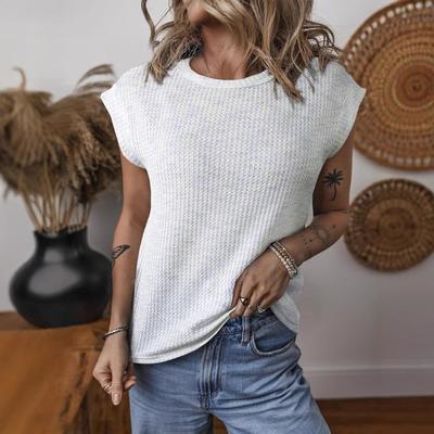 Women's Spring and Summer New Fashion Waffle Round Neck Solid Colour Loose Short Sleeve Tops
