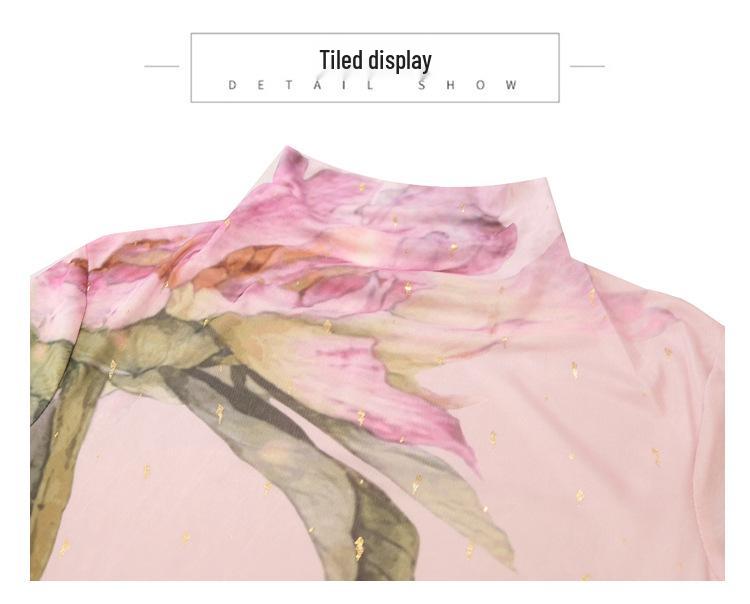 Women's Autumn 2023 Mesh High Neck Printed Long Sleeve Top