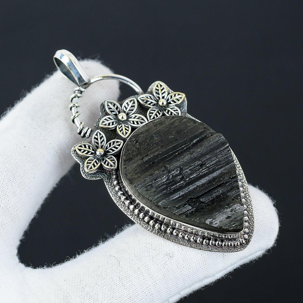 Natural Black Tourmaline Gemstone Silver Pendant In 925 Sterling Silver- Handmade Flower Design, Everyday Wear Jewelry, Unique Pendant Birthday Gift